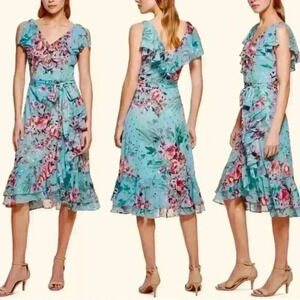 NWT $168 ELIZA J Green Floral Flowy V Neck Chiffon Dress Belted Size 6